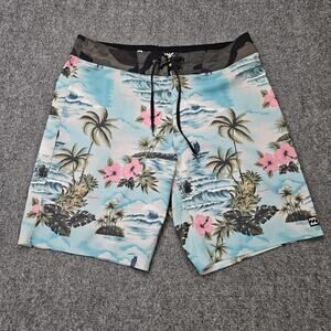 Billabong Board Shorts Sz 30 Blue Hawaiian Tropical Swim Trunks‎ Beach Pool